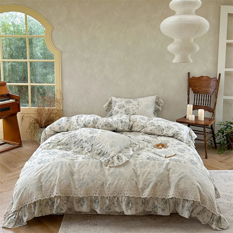 French Vintage 100% Cotton Lace Ruffles Floral Princess Bedding Set