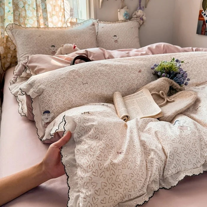 Korean Lace 4pcs Duvet Cover Set with Sheet and Pillowcases Floral Bedding Set