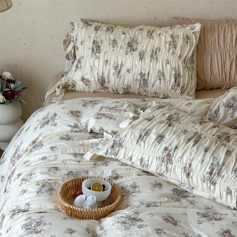 French Country Vintage Floral 100% Cotton Bedding Set, Ruched Bow Tie Duvet Cover, Shabby Chic Ruffle Bed Linen with Pillowcases