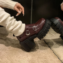 cowhide Platform Single shoe round toe Chunky Heel
