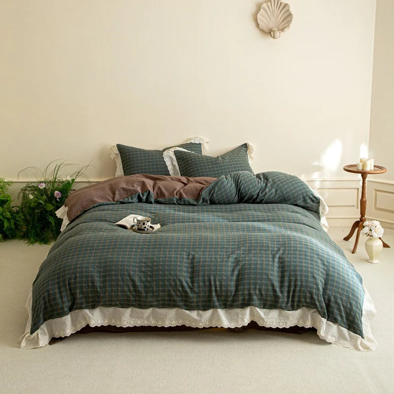 Vintage Plaid Style Lace Ruffles 100% Cotton Soft Comfortable Bedding Set