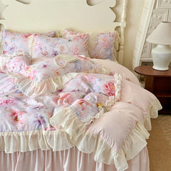 3/4Pcs French Princess Style Pink Luxury Duvet Cover Set Double Bedding Bedroom With Elastic Band Bed Linen Ruffle Pillowcase
