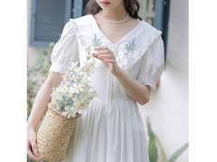 Heidi Flower Embroidered White Cottagecore Dress