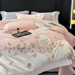 100% Cotton Rose Flowers Butterfly Embroidery Bedding Set