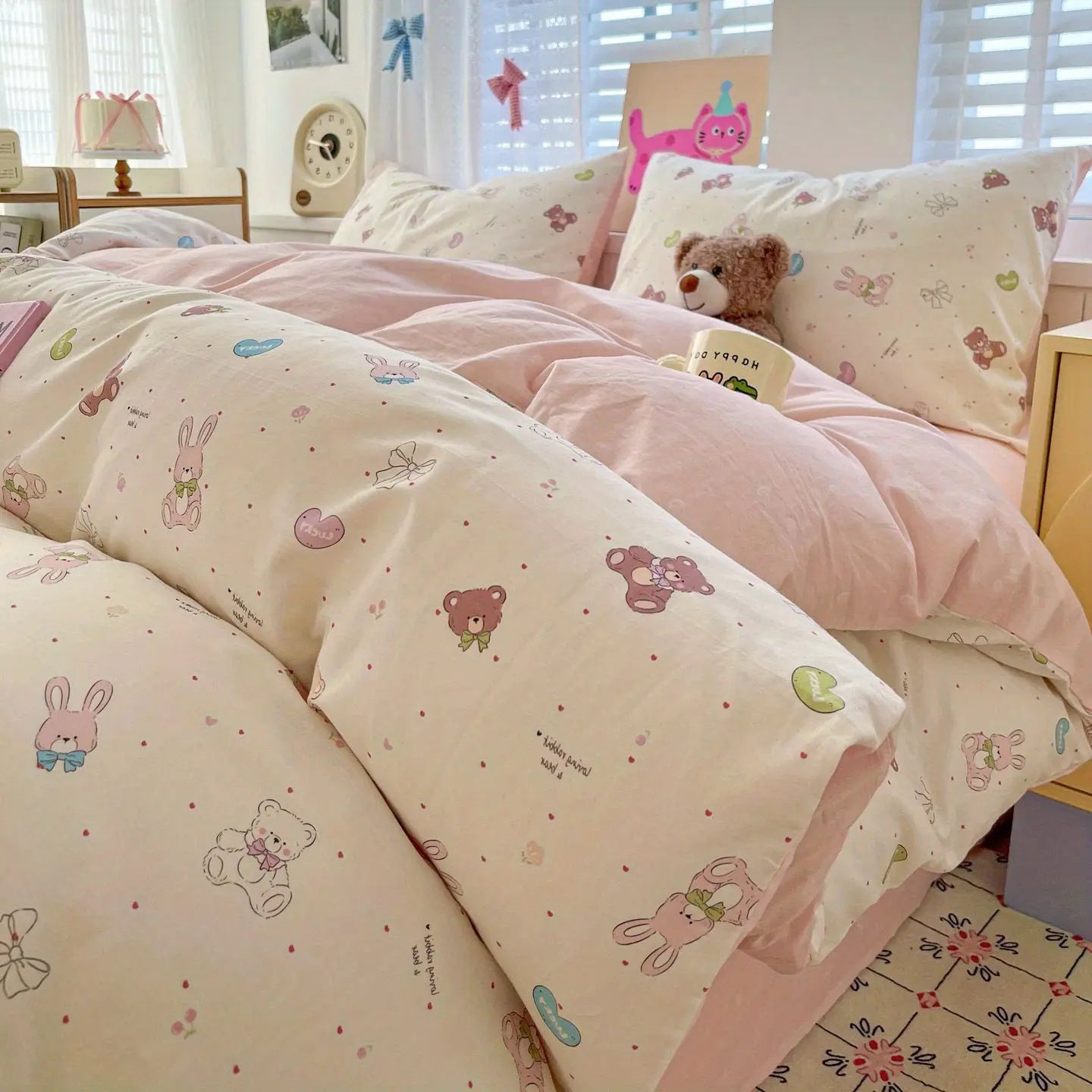 Kids Adult Duvet Cover Set with Bed Flat Sheet Pillowcases Cute Cartoon Single Queen Size Home Hotel Dormity Bedding Set