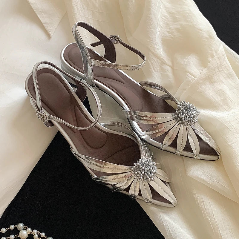 Sheepskin Flower Hollow Breathable High-Heeled High-End French Toe Sandals