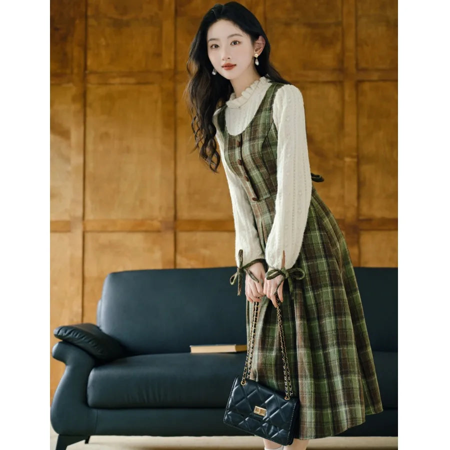 Harmony Plaid Wool Dark Academia Cottage Dress