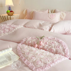 3/4Pcs French Princess Style Washed Cotton Embroidered Pink Rose Bed Skirt Fitted Sheet 200X230 Quilt Cover Bedding Set