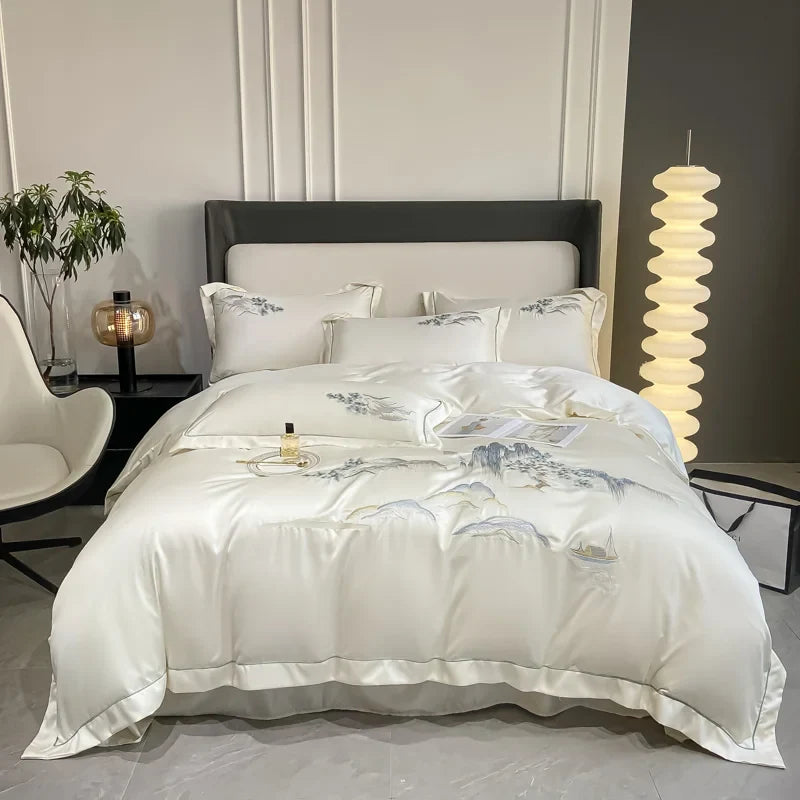 4Pcs Chinese Style Landscape Embroidery Luxury Bedding Set