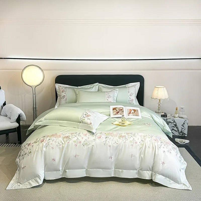 100% Cotton Chic Flowers Embroidery Luxury Double Queen King Size Bedding Set