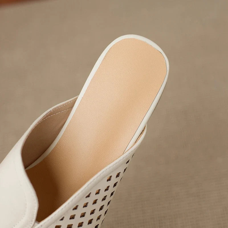 cowhide round head hollow breathable mid Heel