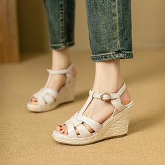 Square Headed Open Toe Real Leather Weaving Slope Heel