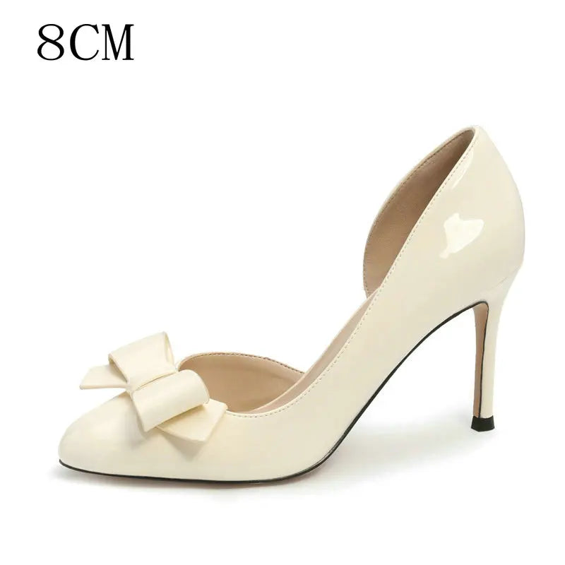 Patent Leather Round Head Bow Side Empty Nude High Heels