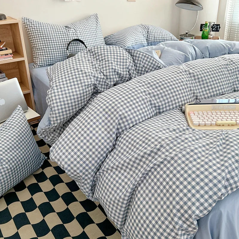 Japanese Style Bedding Sheet Set No Filler Striped Grid Minimalist Duvet Cover Pillowcase Double Queen Washed Cotton Bed Linens
