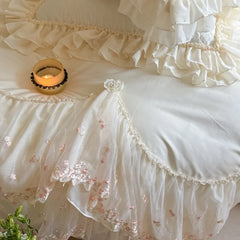 4Pcs Romantic Double Layer Lace Princess Wedding Bedding Set