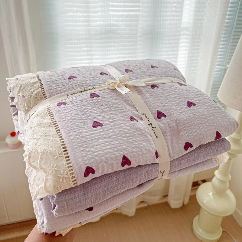 4pcs Floral Printed Duvet Cover Set Korean Lace Bedding Set