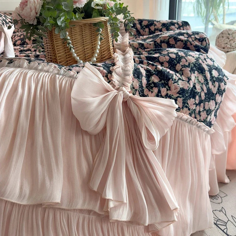 Vintage Floral Print Ruffles Bow Princess Bedding Set