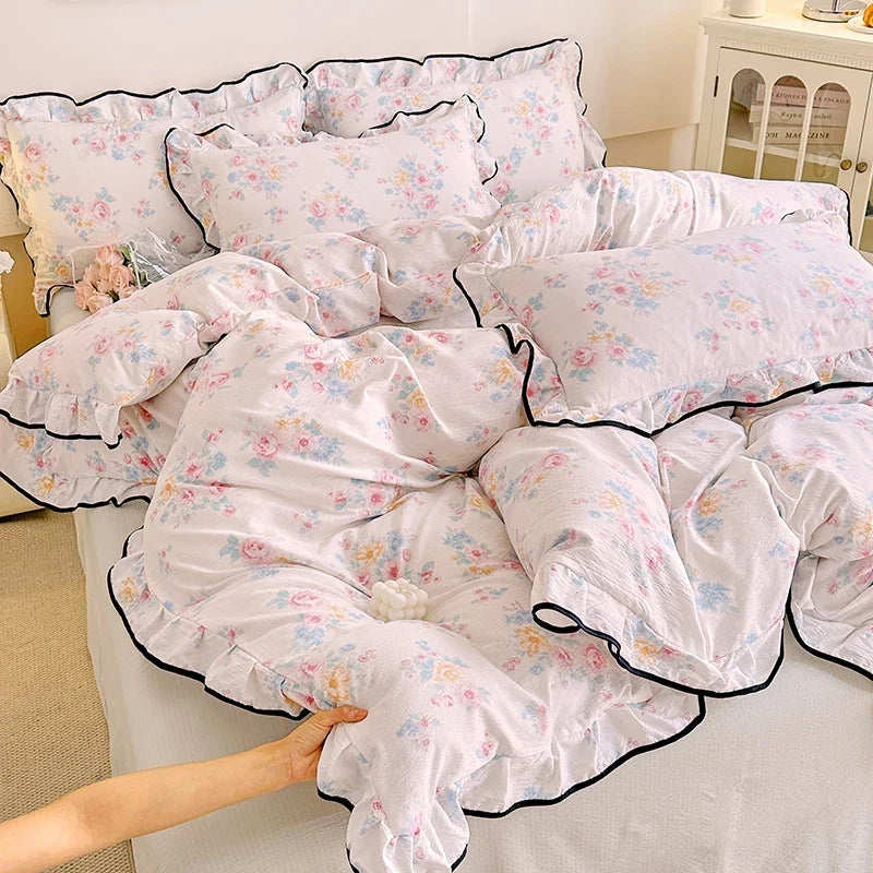 Heart Print Duvet Cover Set Princess Style Lace Ruffles Bedding Set
