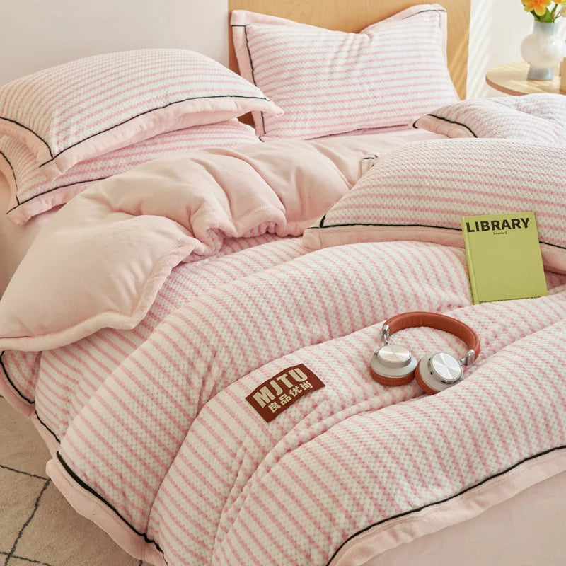 Japanese Striped Milk Velvet Bedding Set