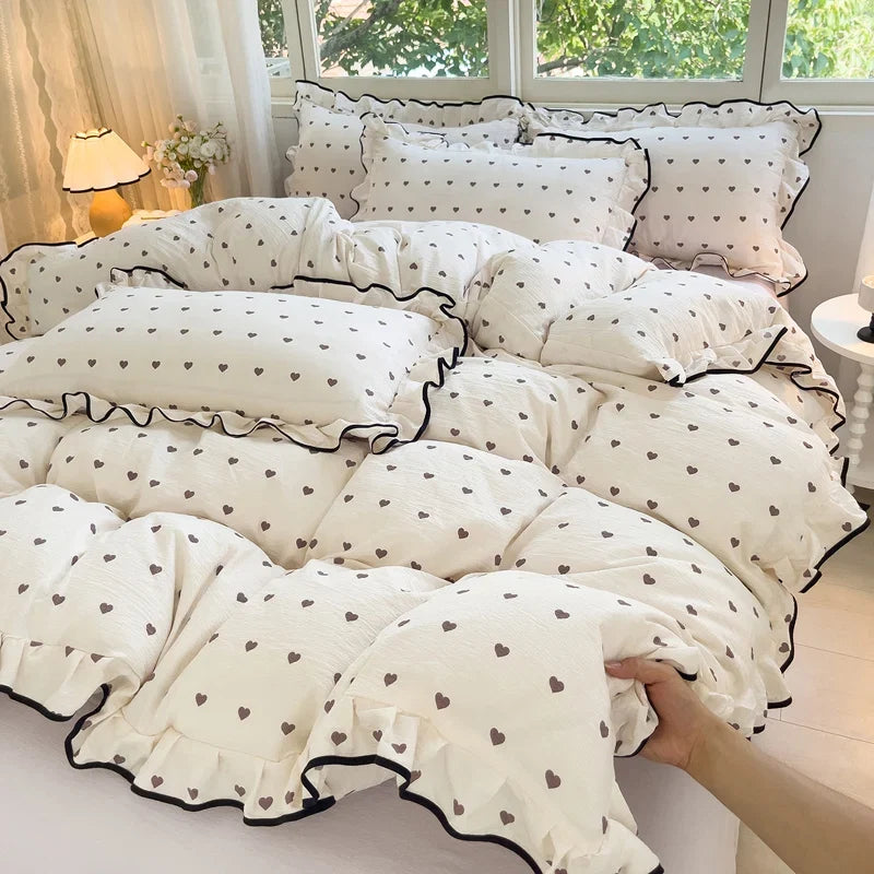 Heart Print Duvet Cover Set Princess Style Lace Ruffles Bedding Set