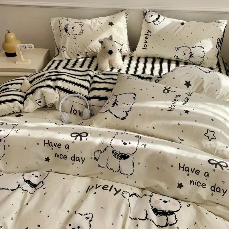 Kawaii Duvet Cover Set Ins Style Soft Touch Double Queen Size Flat Sheet Pillowcase Home Hotel Decor Bedding Set