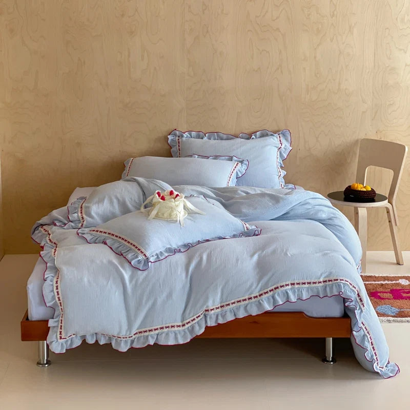 100% Cotton Double Yarn Bedding Set, Soft Ruffle Duvet Cover with Pillowcases, Queen King Size Pink Bed Linen for Girls Bedroom
