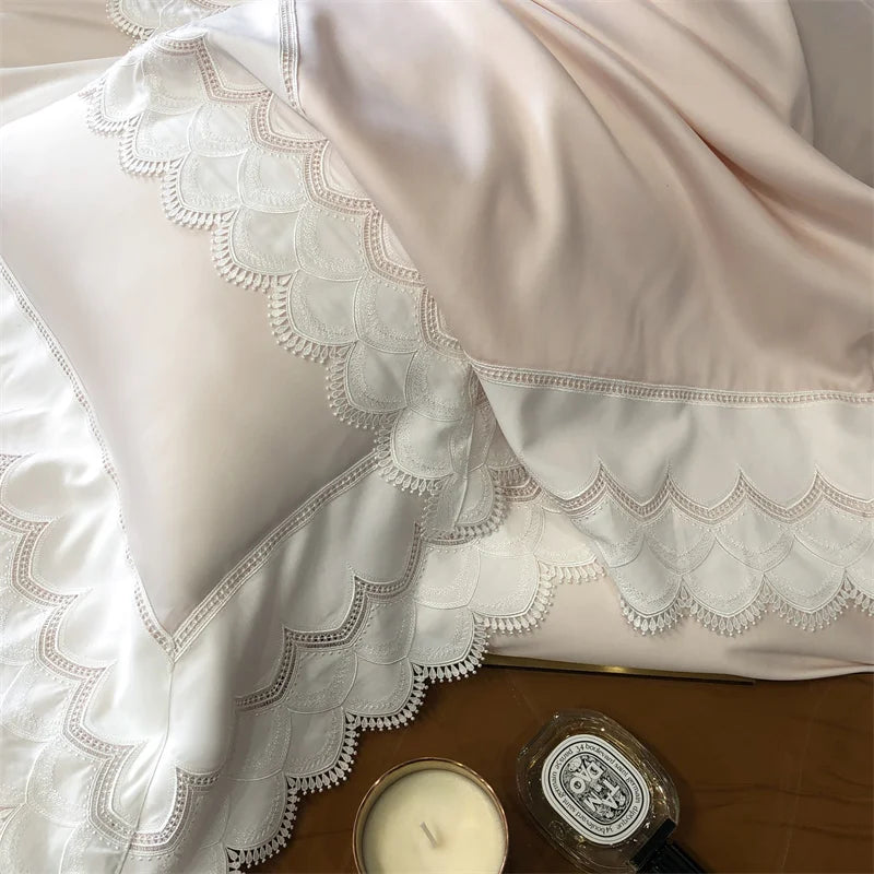 4Pcs Pink Princess Lace Edge Lyocell Eucalyptus Fiber Soft Silky Bedding Set