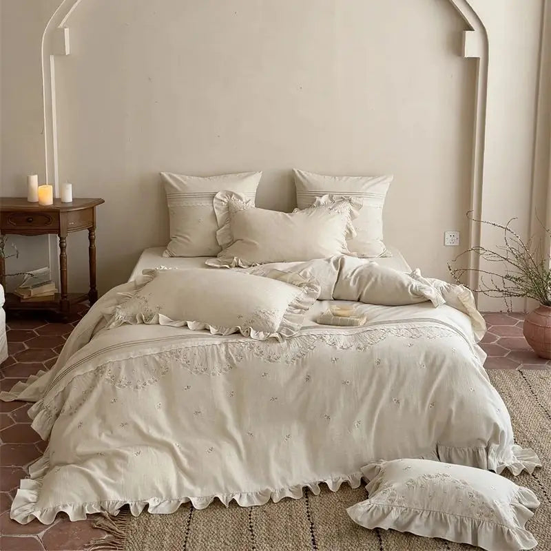 Flowers Embroidery Ruffles Luxury Bedding Set