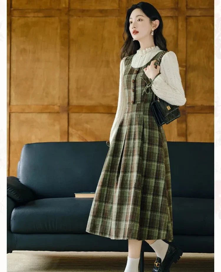 Harmony Plaid Wool Dark Academia Cottage Dress