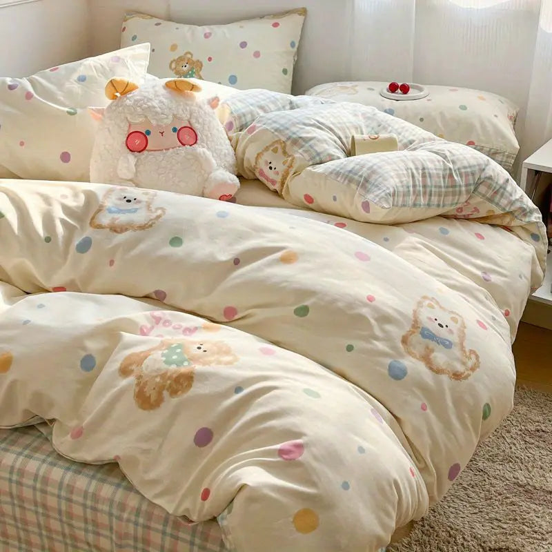Kids Adult Duvet Cover Set with Bed Flat Sheet Pillowcases Cute Cartoon Single Queen Size Home Hotel Dormity Bedding Set