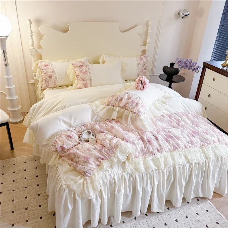 3/4Pcs Princess Style Pink Floral Print Lace Ruffle Boiled Cotton Bed Set Queen Size Double Bed Linen Full-Size For Room
