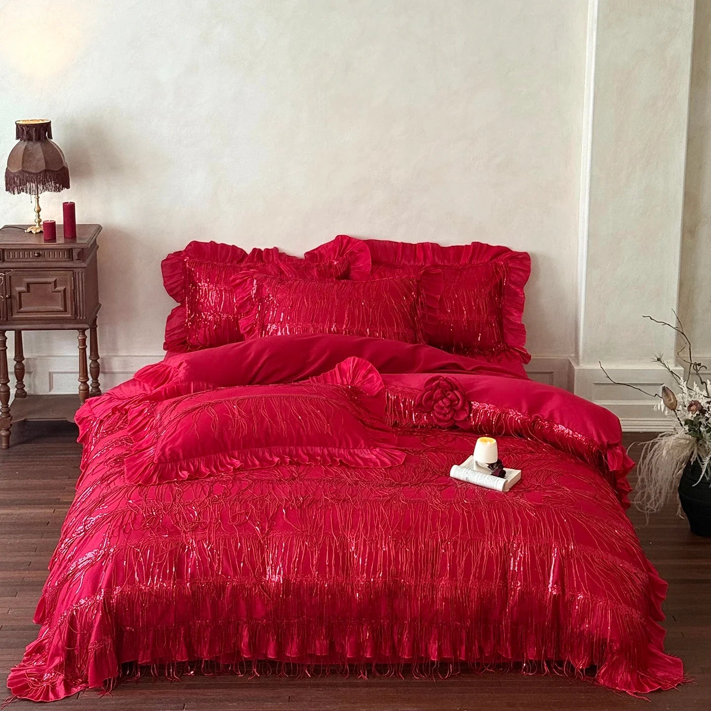 Red Tassel Design Lace Ruffles Princess Wedding Bedding Set