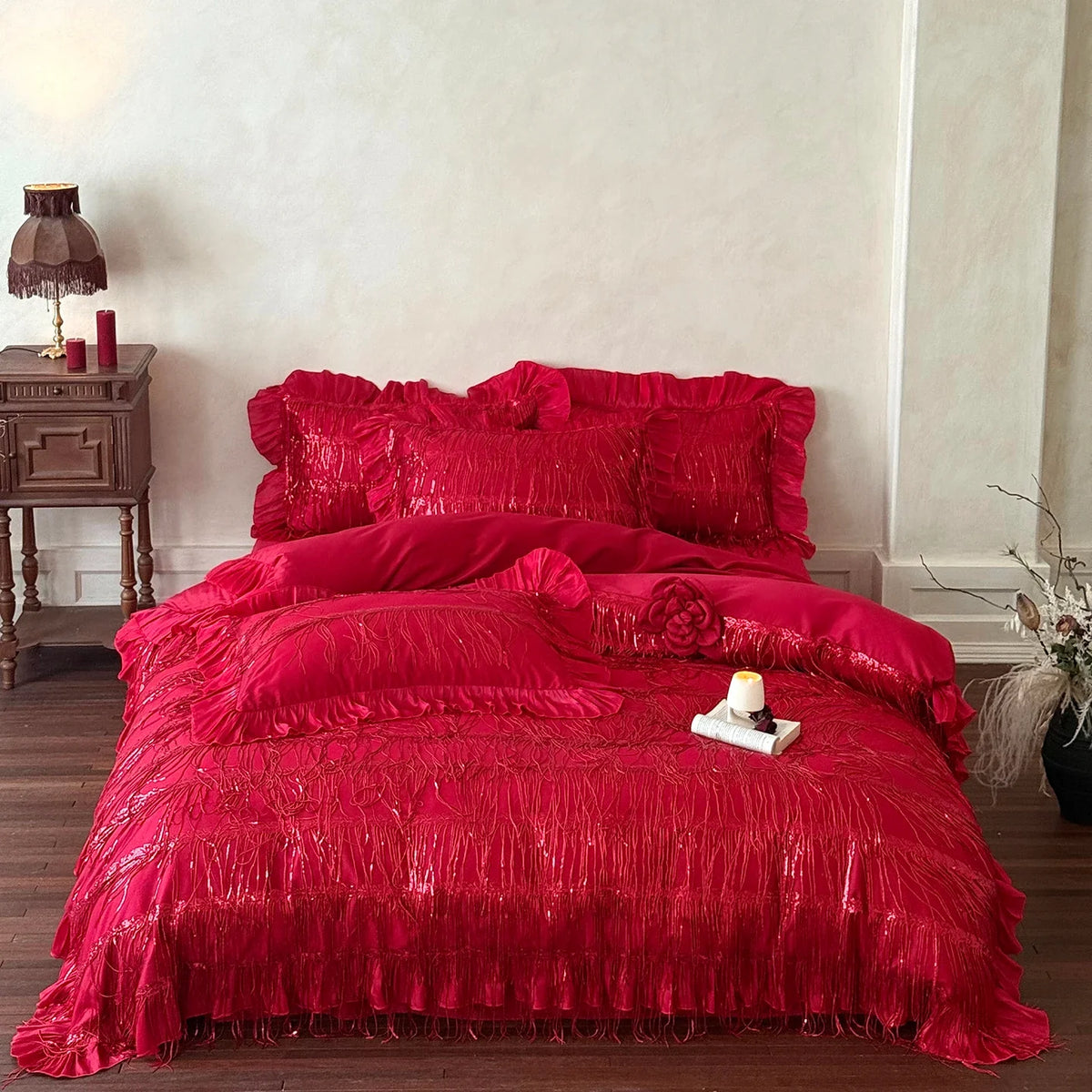 Red Tassel Design Lace Ruffles Princess Wedding Bedding Set