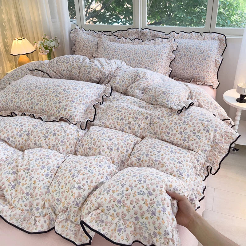 Heart Print Duvet Cover Set Princess Style Lace Ruffles Bedding Set