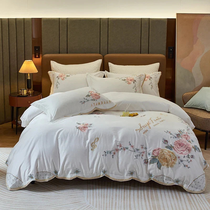 Peony Flowers Embroidery Luxury Bedding Set