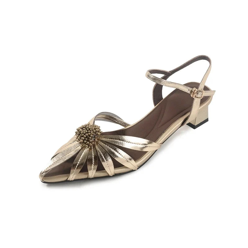 Sheepskin Flower Hollow Breathable High-Heeled High-End French Toe Sandals