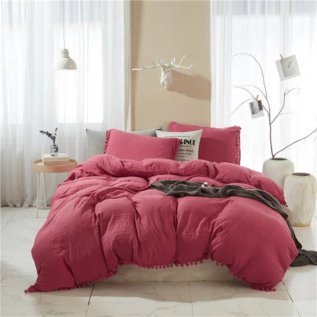 Twin Queen Size Solid Color Duvet Cover Set Pom Tassel Soft Microfiber Bedding Set