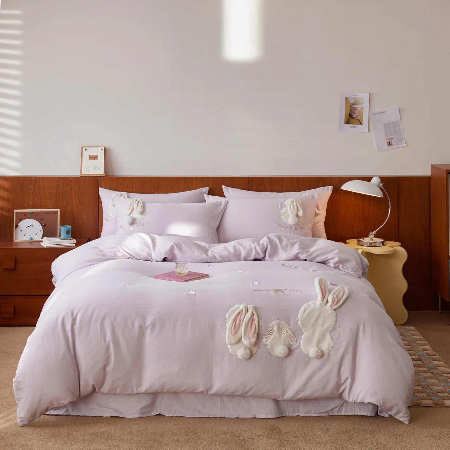 Pink Cute Rabbit Applique Embroidery 100% Cotton Bedding Set