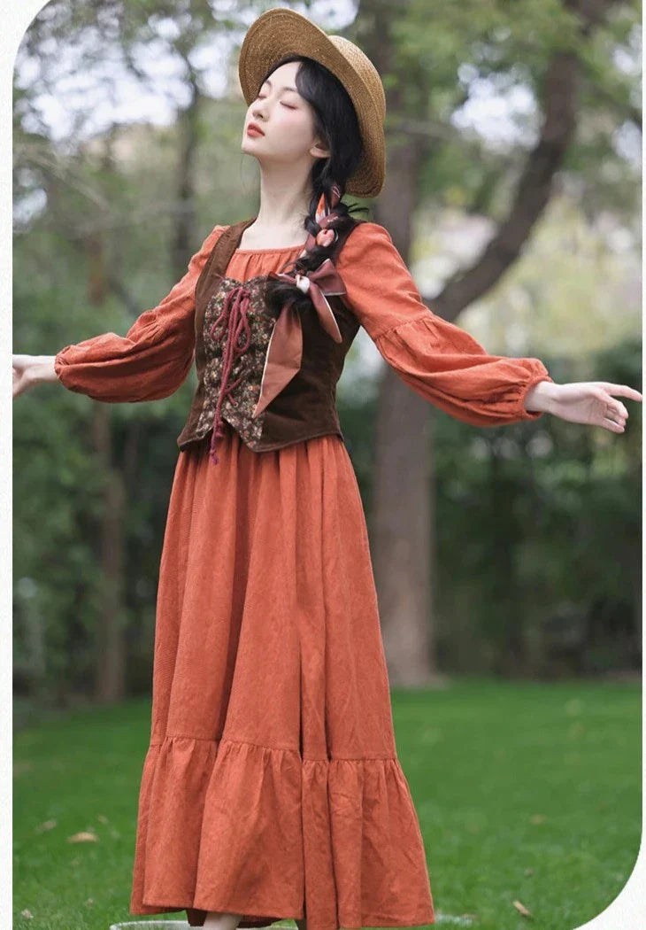 Your Muse 2-Piece Cotton Cottagecore Dress+Vest
