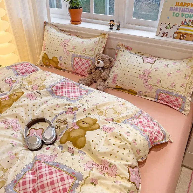Cute Cat Duvet Cover Set with Zipper Flat Bed Sheet Pillowcases No Filler Twin Queen Size Girls Boys Gift Cartoon Bedding Set