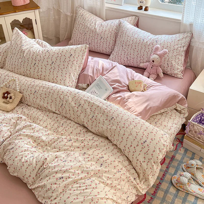 Japanese Floral Printed Duvet Cover Set Twin King Soft Homestay Bedding Set