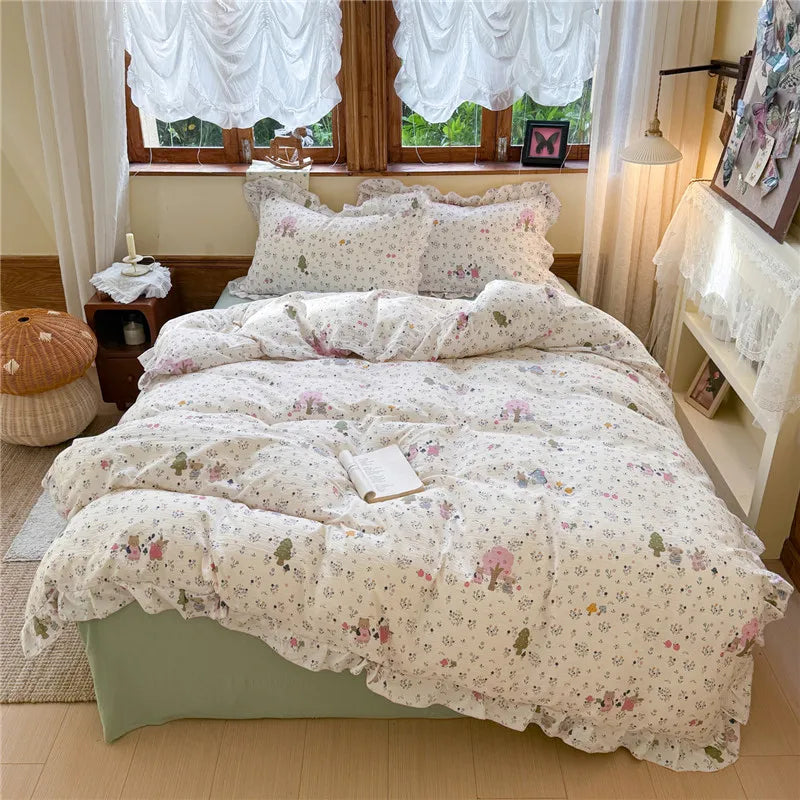 3/4Pcs Korean Princess Style Floral Printing Bedding Set