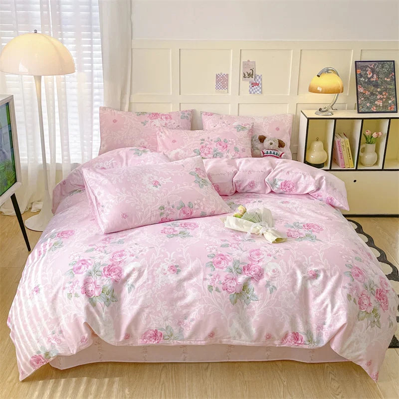 Heart Pattern 100% Cotton Duvet Cover Set with Flat Sheet or Fitted Sheet 3/4 Pcs Soft Breathable Queen King Size Bedding Set