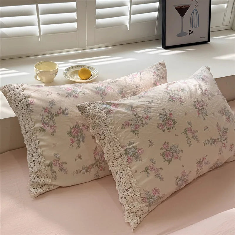 3/4Pcs Korean Princess Flower Print Lace Bedding Set