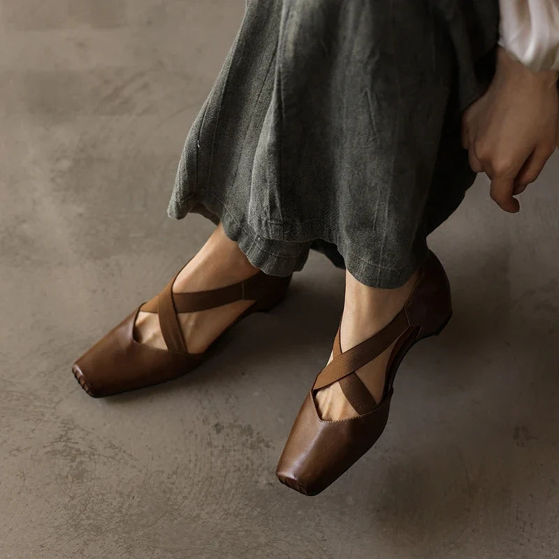 cowhide square toe cross strap high Heel