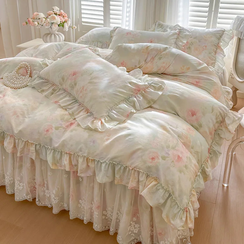100% Cotton Flowers Print Lace Ruffles Princess 4/6Pcs Bedding Set