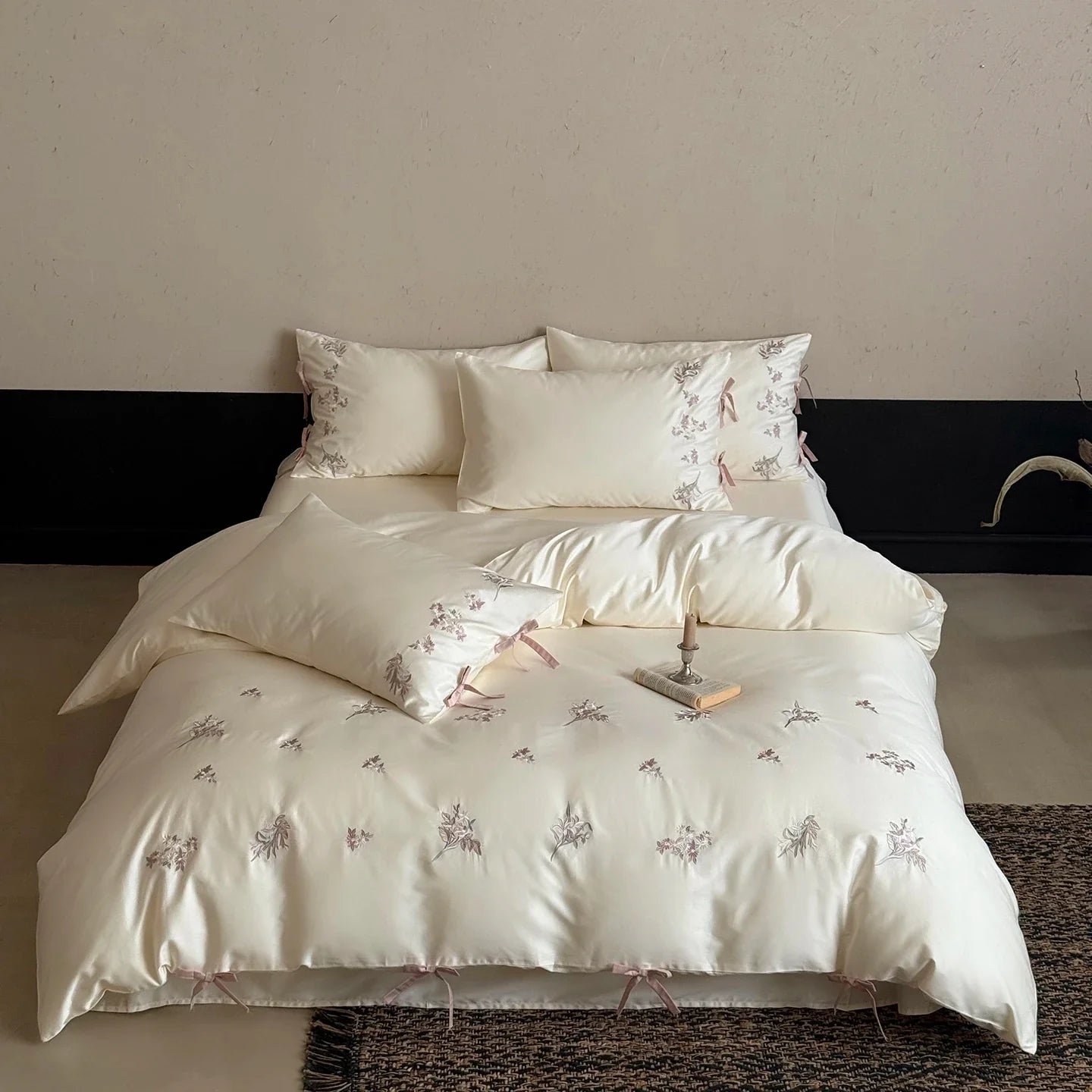 Flowers Embroidery Bow Princess Bedding Set