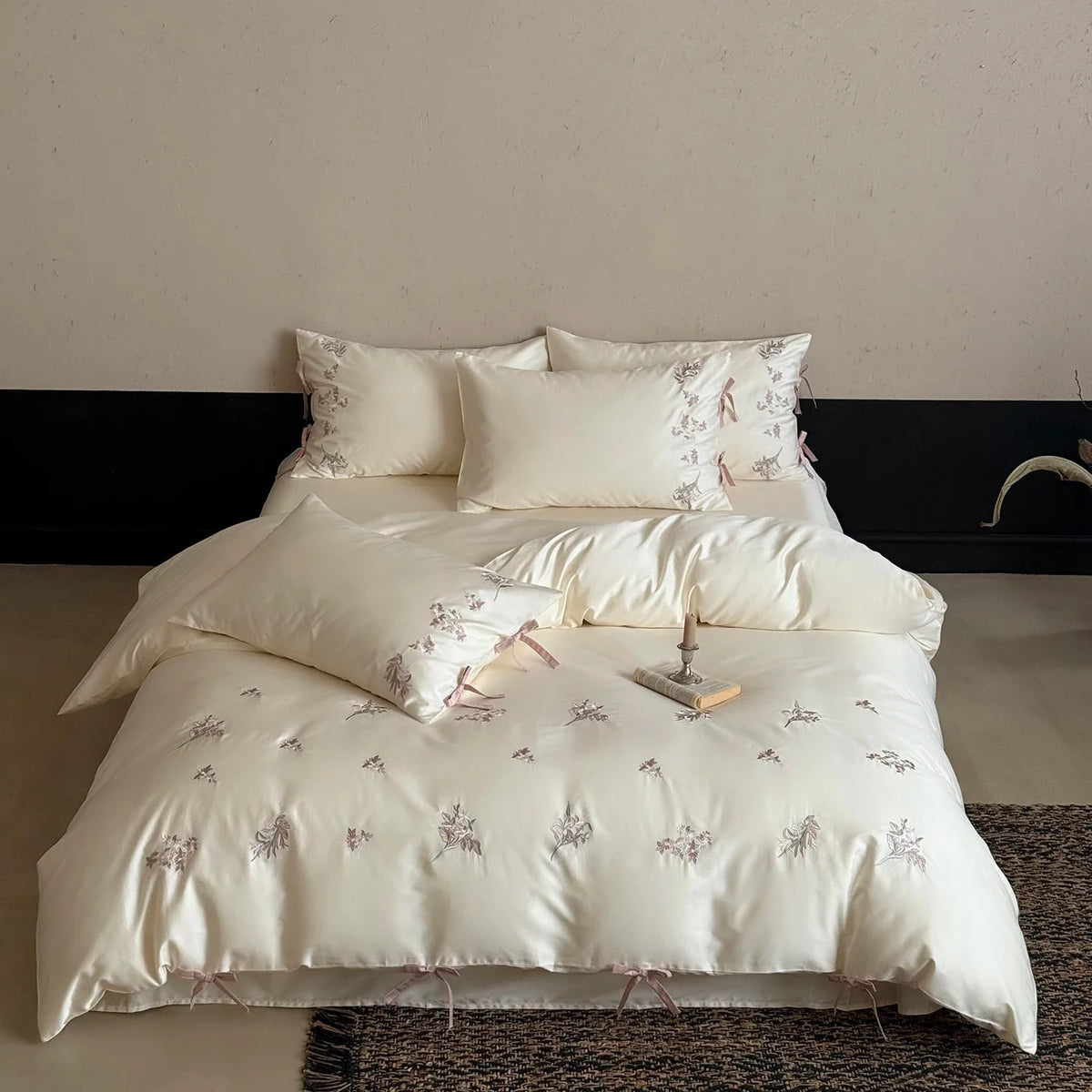Flowers Embroidery Bow Princess Bedding Set