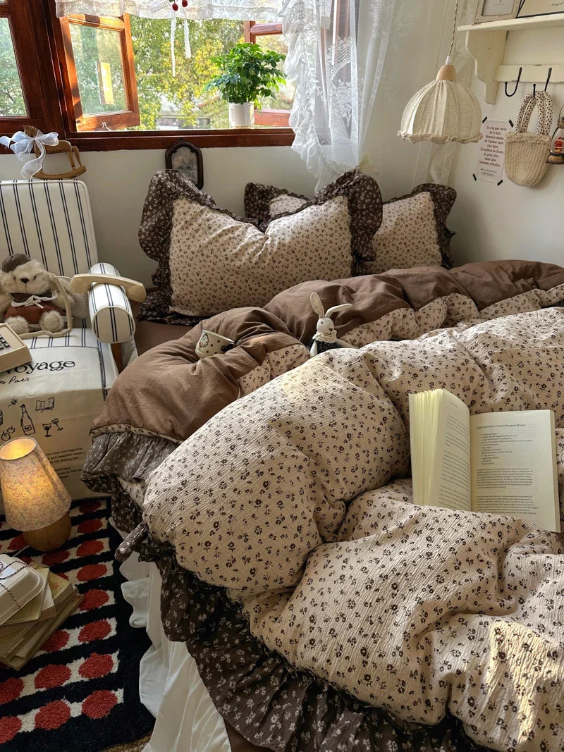 3/4Pcs Vintage Flower Lace Ruffles Skin-friendly Soft Bedding Set