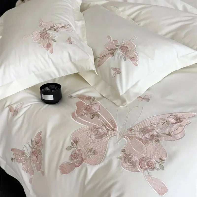 Premium 1000TC Egyptian Cotton Luxury Butterfly Embroidery White Bedding Set